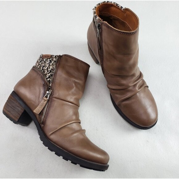 Pikolinos Leather Ankle Boot Womens 9-9.5 EU 40 Brown Side Zip Heeled Knit Cuff - Picture 1 of 13